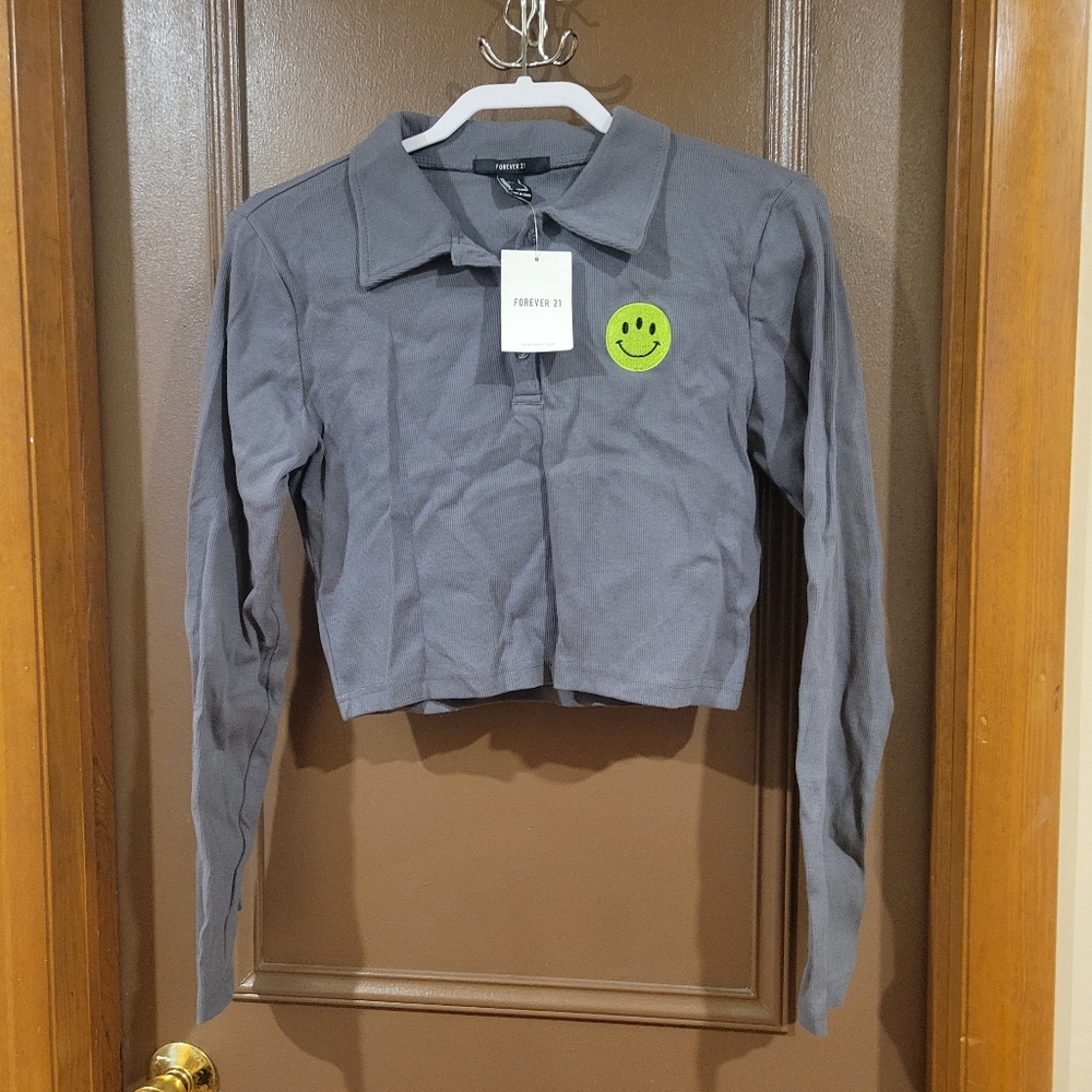 Gray Women's Top with Green Smiley Patch